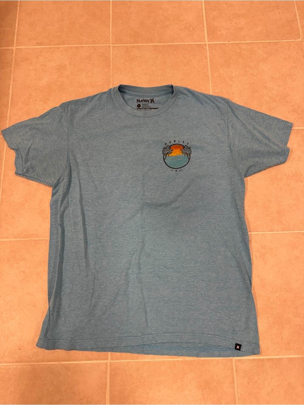 Hurley Light Blue Short Sleeve Graphic Tee with Sunset Palm Logo